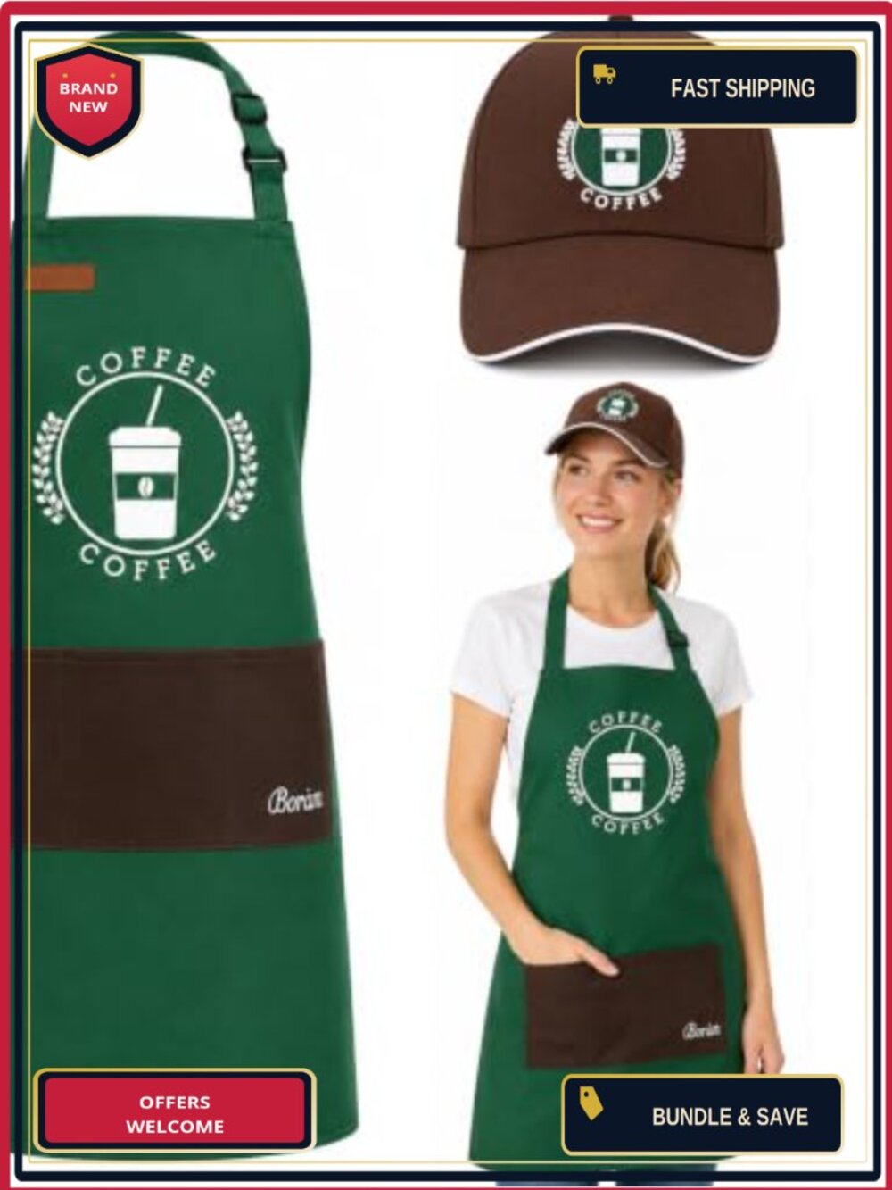 Barista Halloween Costume Set Apron Baseball Cap Adult Cosplay Dress Up